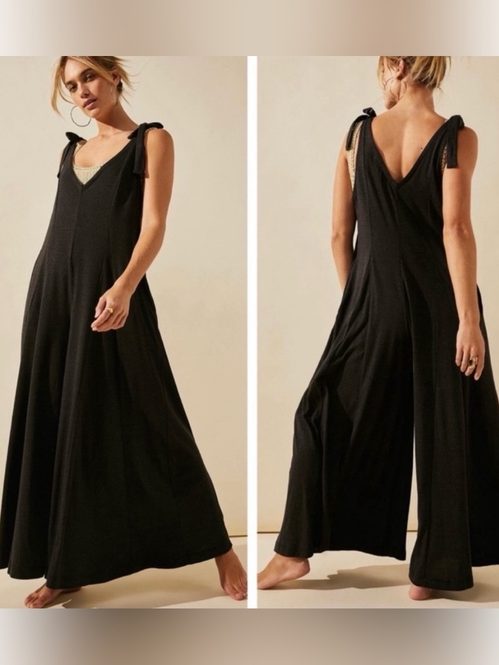 FREE PEOPLE (FP Beach) Alice Shoulder Tie Wide Leg One Piece Jumpsuit - Size S.P